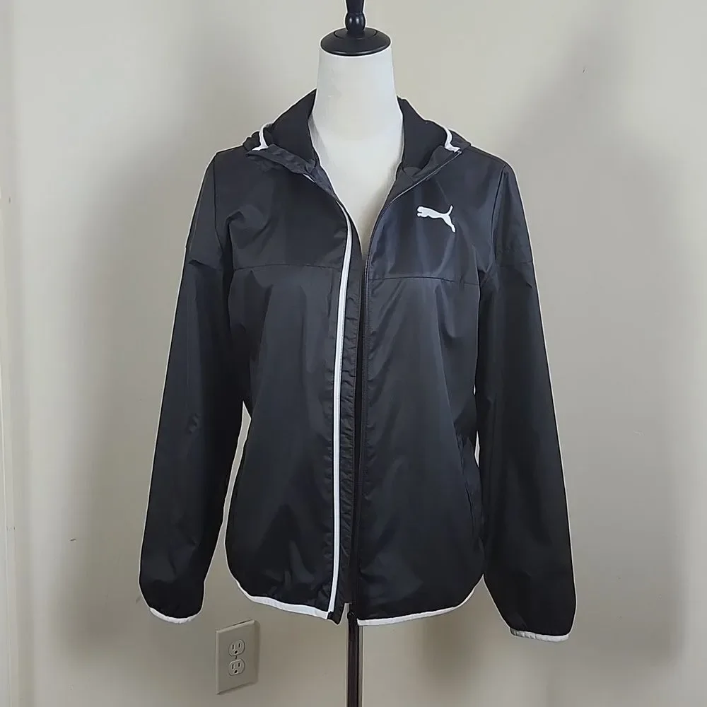 Puma Women's Black with White Trim Lightweight Zip Up Windbreaker Jacket with Ho